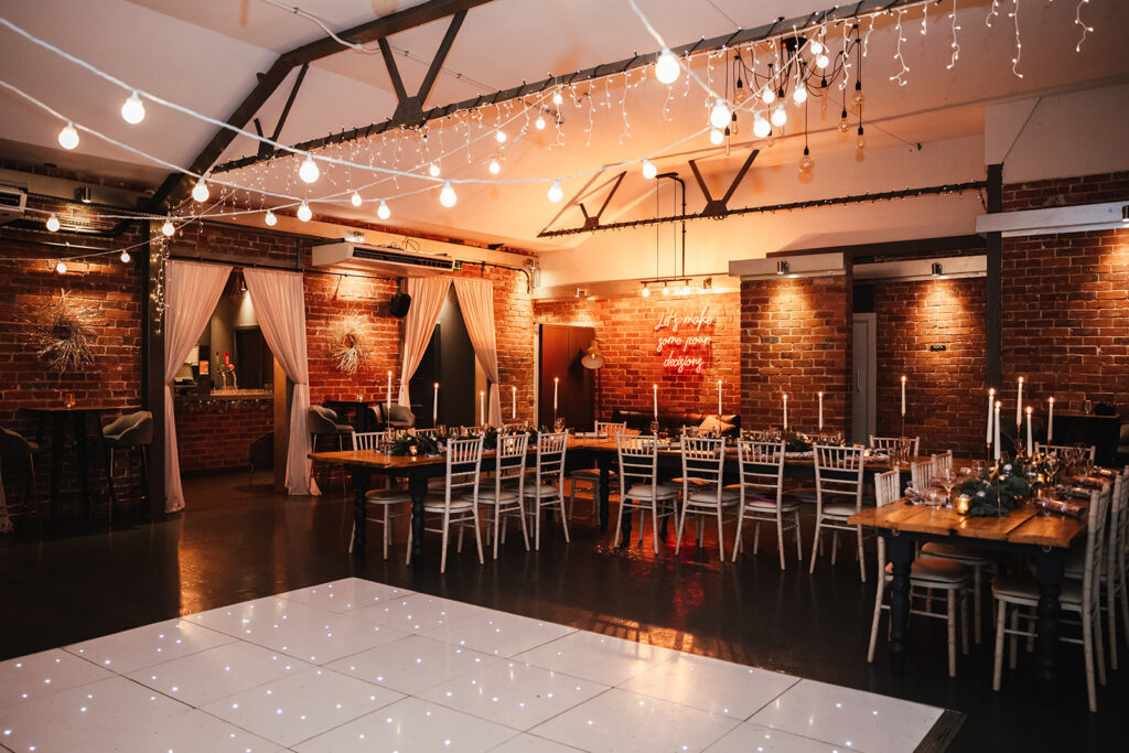 An event layout at New Cravan Hall, Leeds, with atmospheric lighting